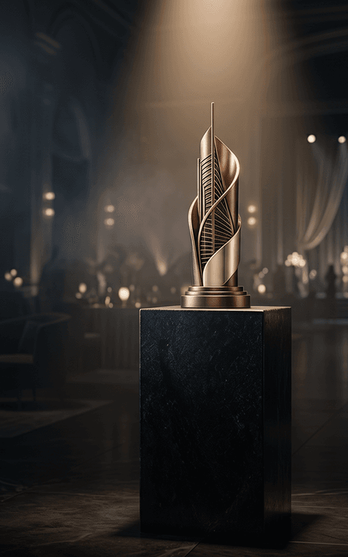 A My Home Group trophy spotlit on a pedestal at an industry awards ceremony