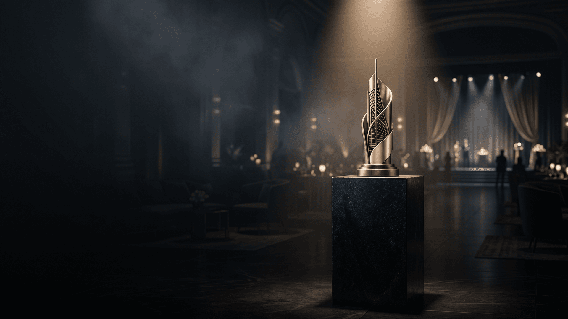 A My Home Group trophy spotlit on a pedestal at an industry awards ceremony
